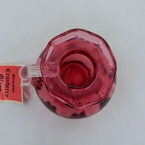 Pilgrim Glass Handblown Cranberry Vase Pitcher Optic Clear Handle 4.5 In Tag - Picture 7 of 10
